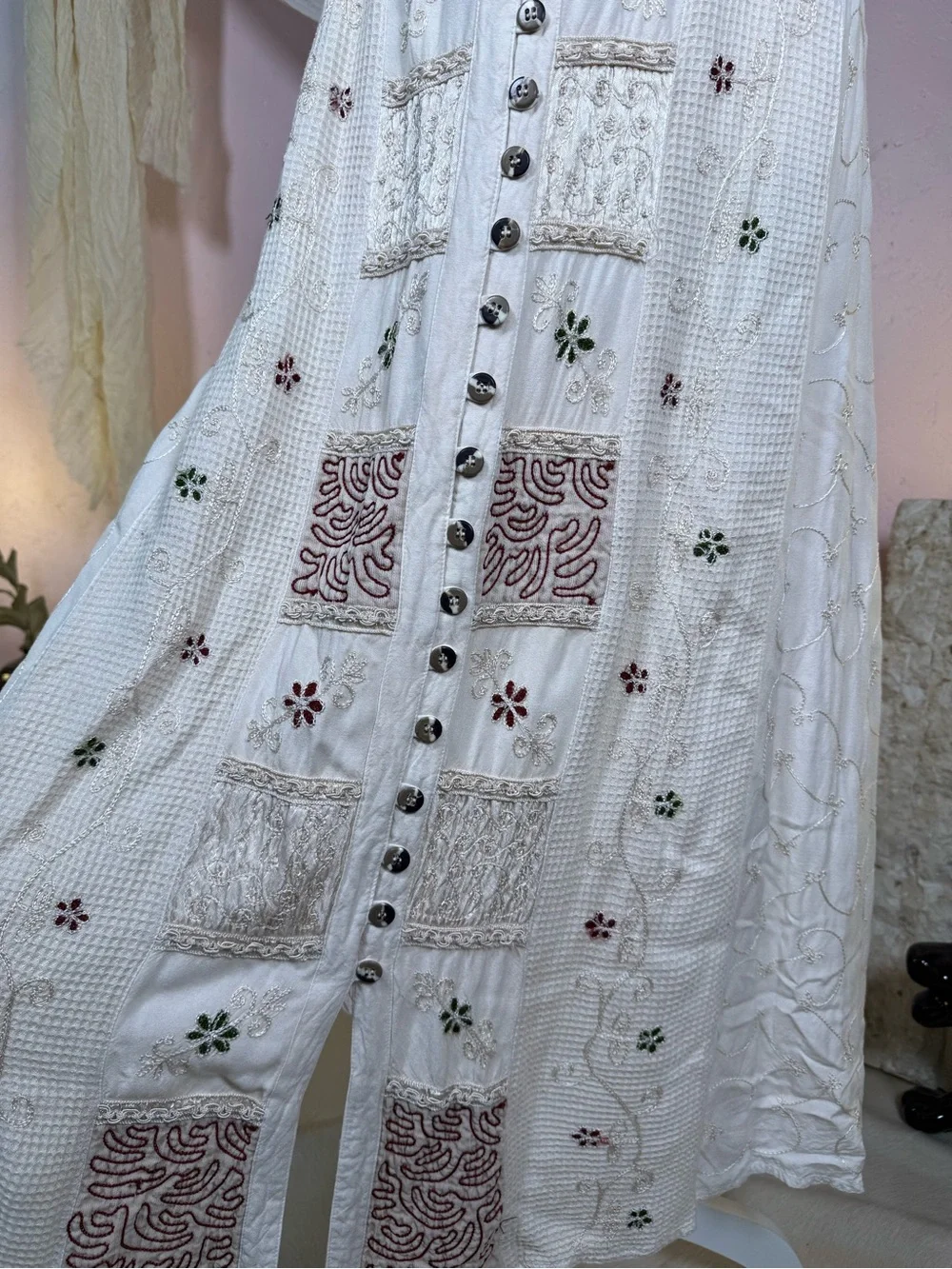 Vintage Cream Embroidered Maxi Dress | Button Front | Size M - Picture 2 of 4